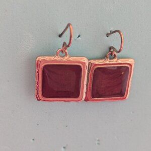 Vintage Brown Red Glass Earrings, Square Drop Dangle Earrings